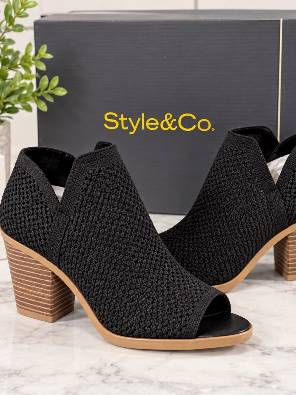 Style & Co. Black Knit Peep-Toe Block Heel Mules
